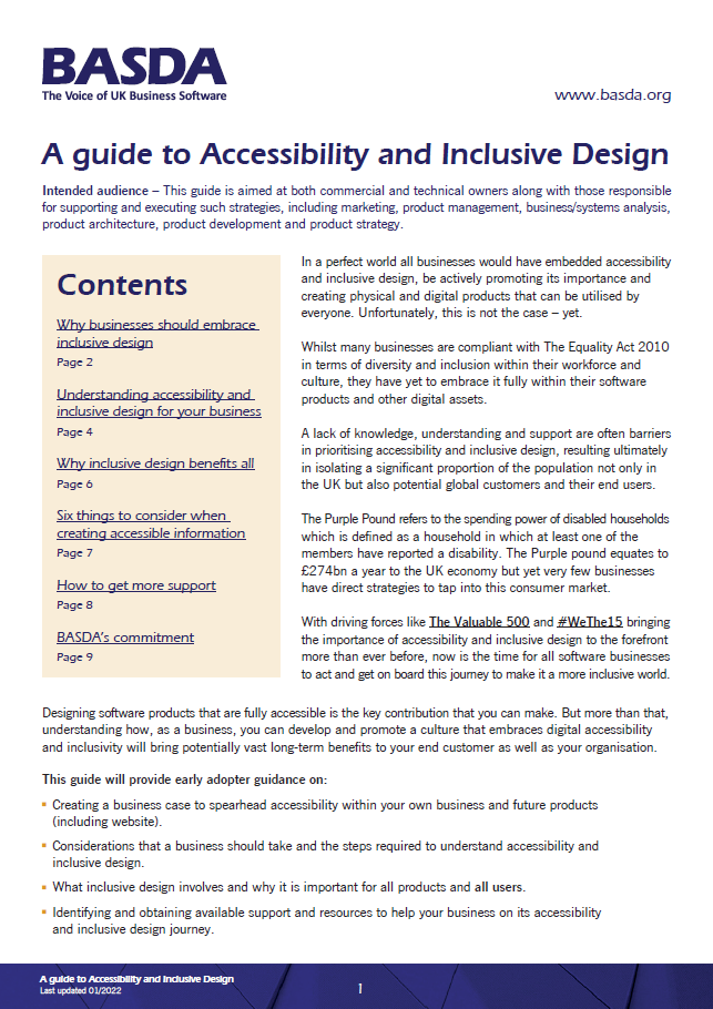 Front cover of the BASDA accessibility and inclusive guide