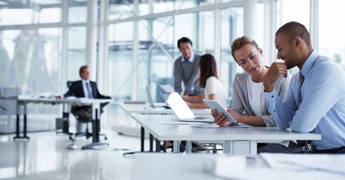 people in an office with desk with large glass windows behind them