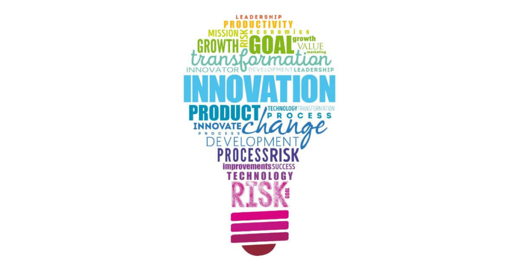 word cloud in the shape of a light bulb with words including, innovation, product, goal, change, risk